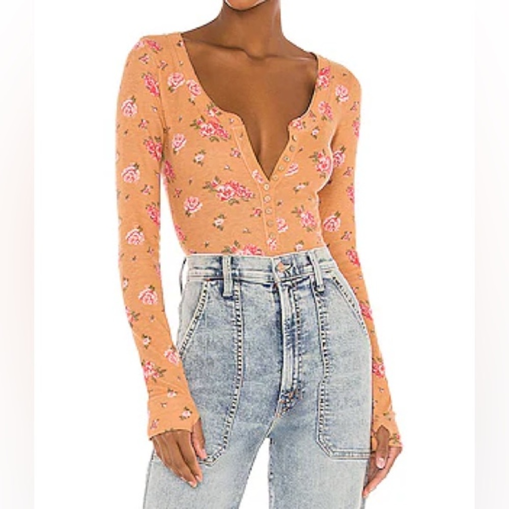 Free People Peach Floral Ribbed Long-Sleeve Bodysuit